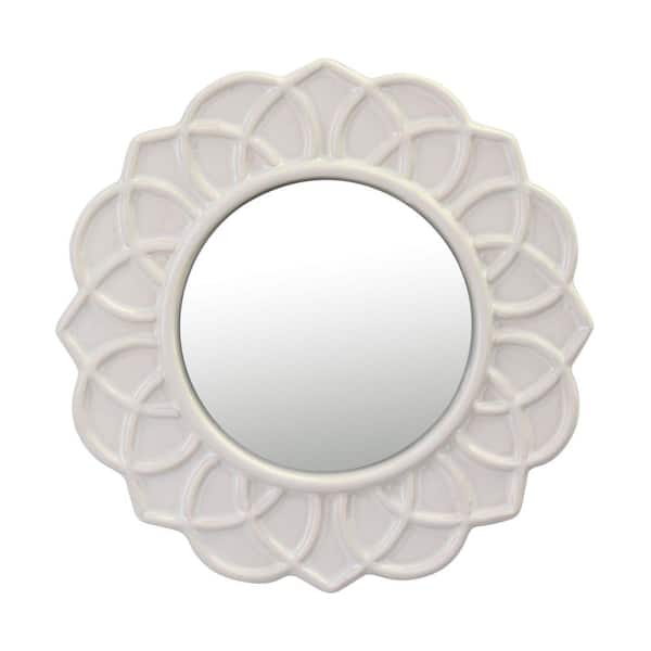 Stonebriar Collection 9 in. x 9 in. Decorative Round Ivory White Floral Ceramic Wall Hanging Mirror
