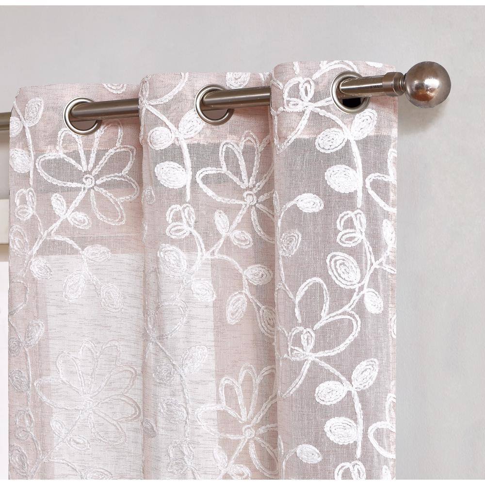 Blush Sheer Linen Grommet Window Panels with Floral Embroidery