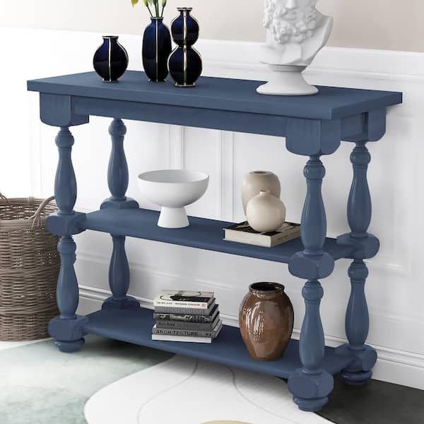 GODEER 39.4 in. Navy Blue Rectangle Wood Console Table Sofa Table Entryway Table with 2 Shelves