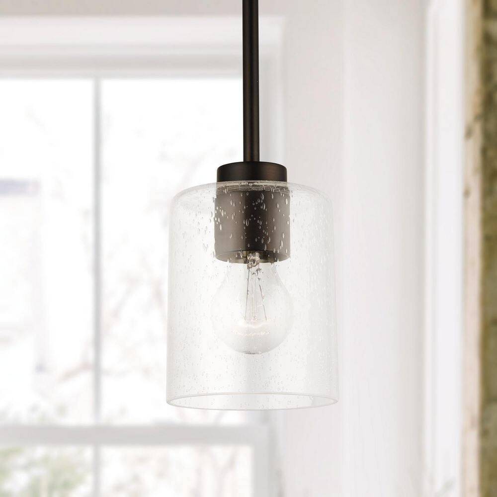 Bronze Mini Pendant with Clear Seeded Glass Shade