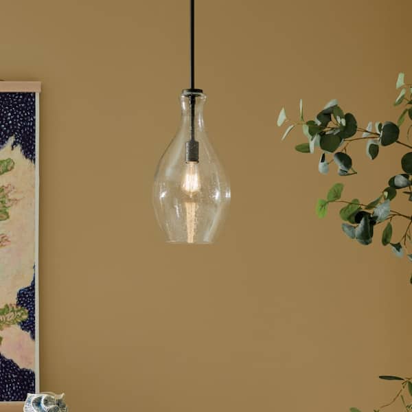 KICHLER Everly 17.75 in. 1-Light Olde Bronze Modern Shaded Bell Kitchen Hanging Pendant Light with Clear Seeded Glass
