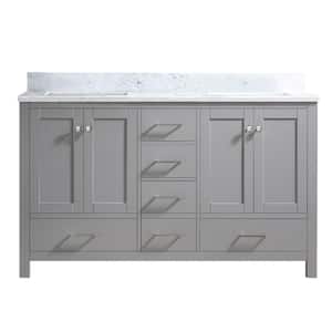 60 in. W x 22 in. D x 39.8 in. H Freestanding Bath Vanity in Gray with White Marble Top, Backsplash, Double Sink