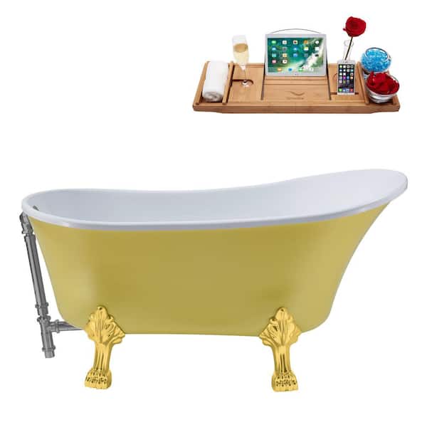 Streamline 55 in. Acrylic Clawfoot Non-Whirlpool Bathtub in Matte Yellow With Polished Gold Clawfeet And Brushed Gun Metal Drain