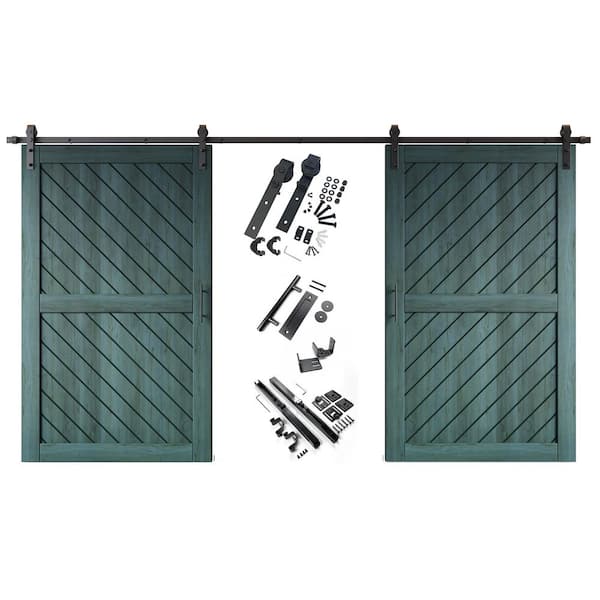 HOMACER XT2 50 in. x 80 in. C-Panel Royal Pine Slanted Stripe Design Double Pine Wood Sliding Barn Door with Hardware Kit