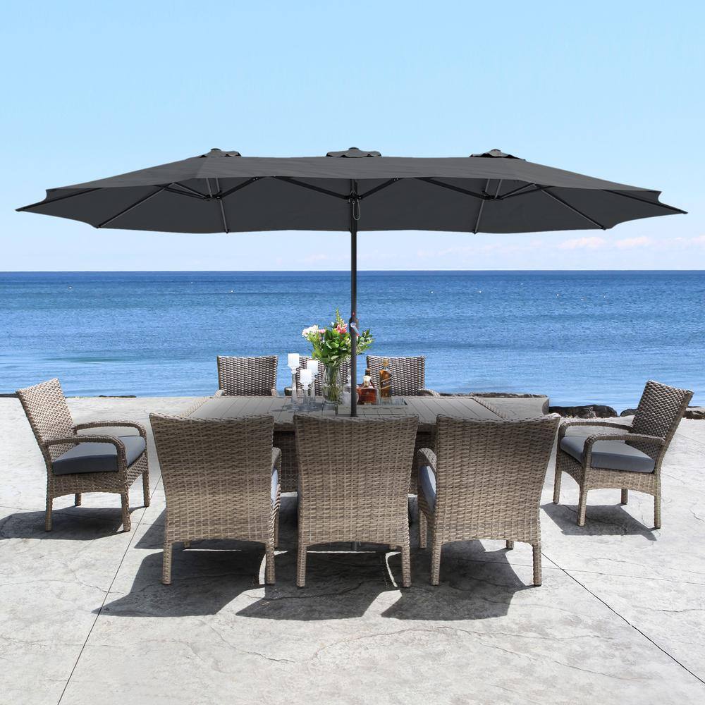 15 Ft Dark Gray Steel Market Patio Umbrella with Base