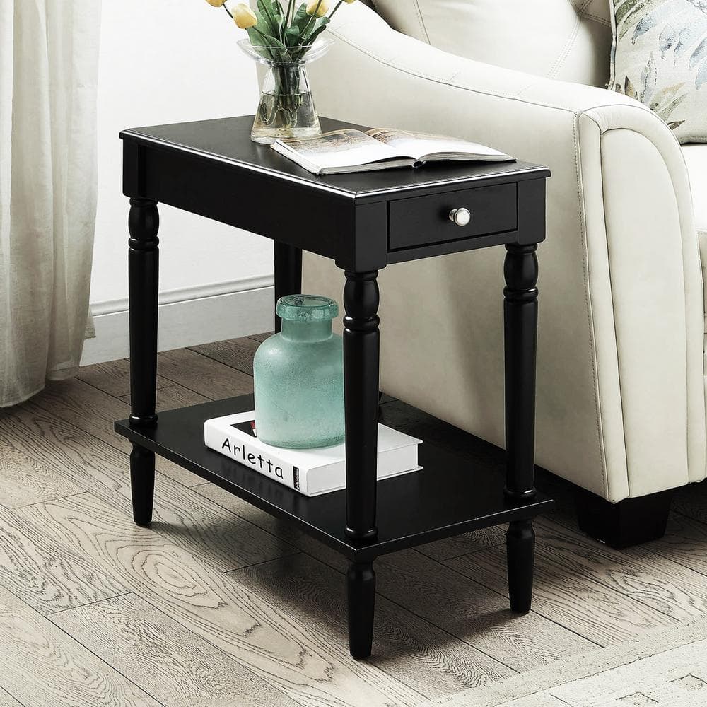Elegant Square Black Wood End Table with Storage and Turned Legs