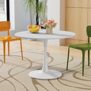 Modern White Wood 42 in. Round Pedestal Dining Table with Printed Wood Grain Table Top Seats 2