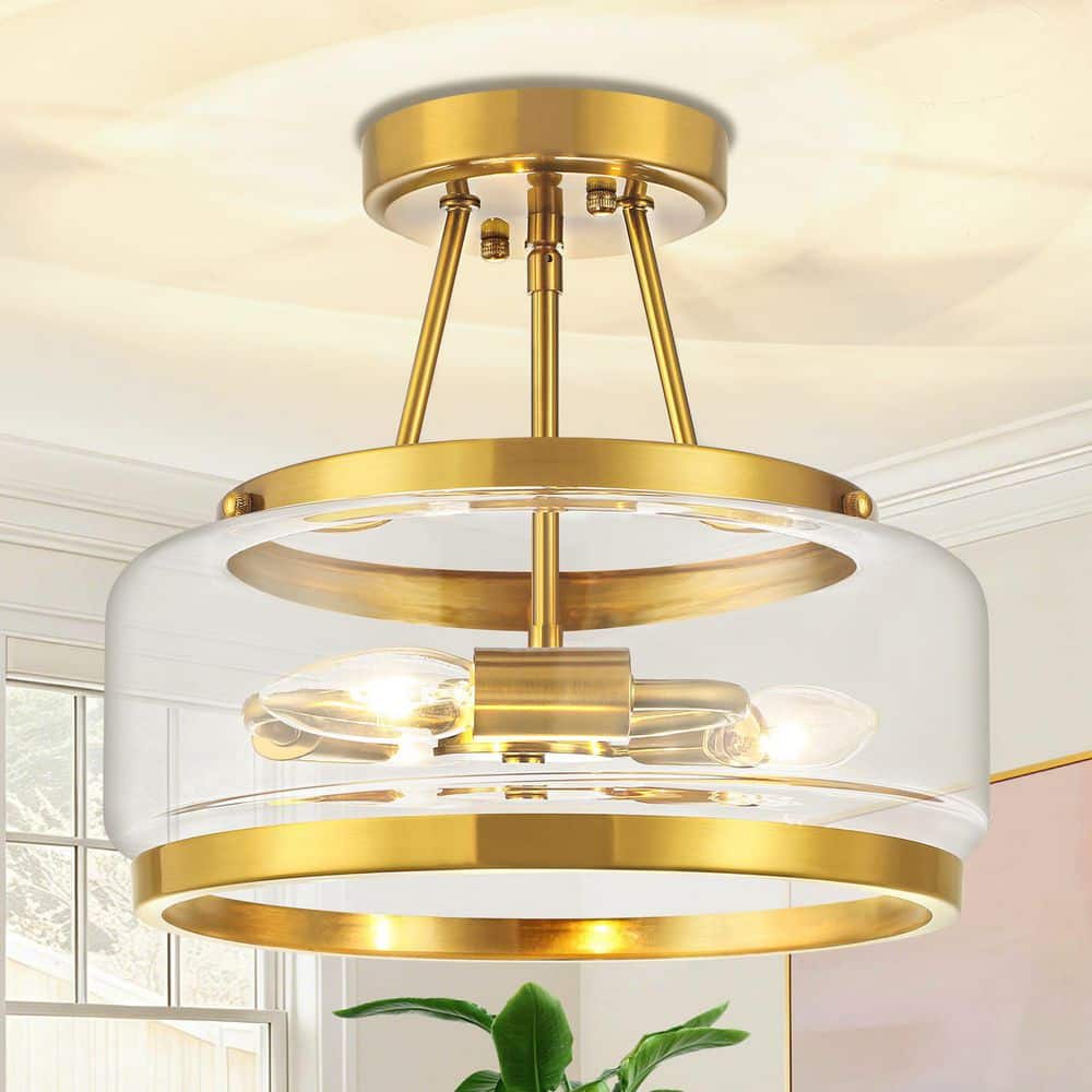 ZSMIHDOH 11.81 in. 3-Light Brushed Gold Modern Glass Drum Semi