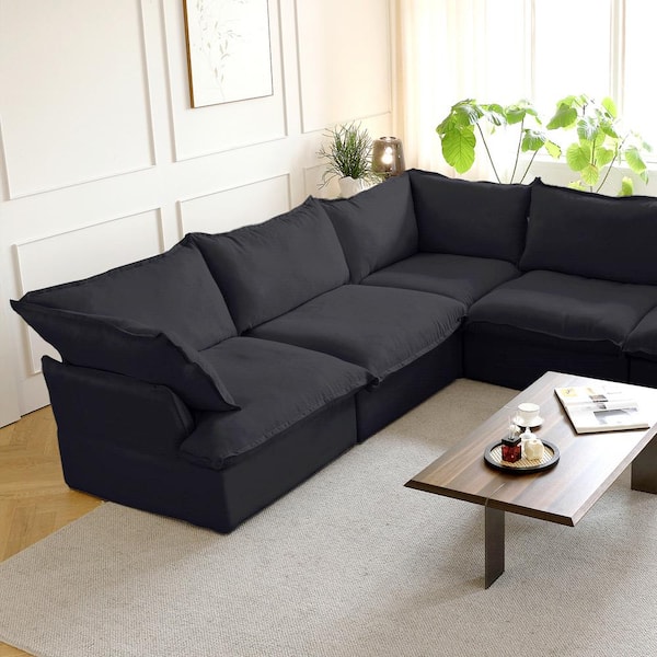 Magic Home 123 in. Flared Arm 4-Piece Overstuffed Linen Flannel L-shaped Deep Seat Sectional Sofa Cloud Couch Right Facing in Black