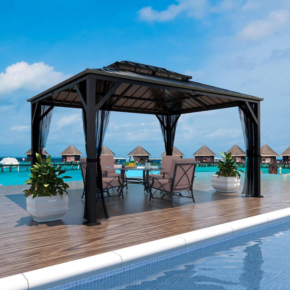 VEIKOUS 12 ft. W x 10 ft. D Metal Double Hardtop Gazebo with Pre