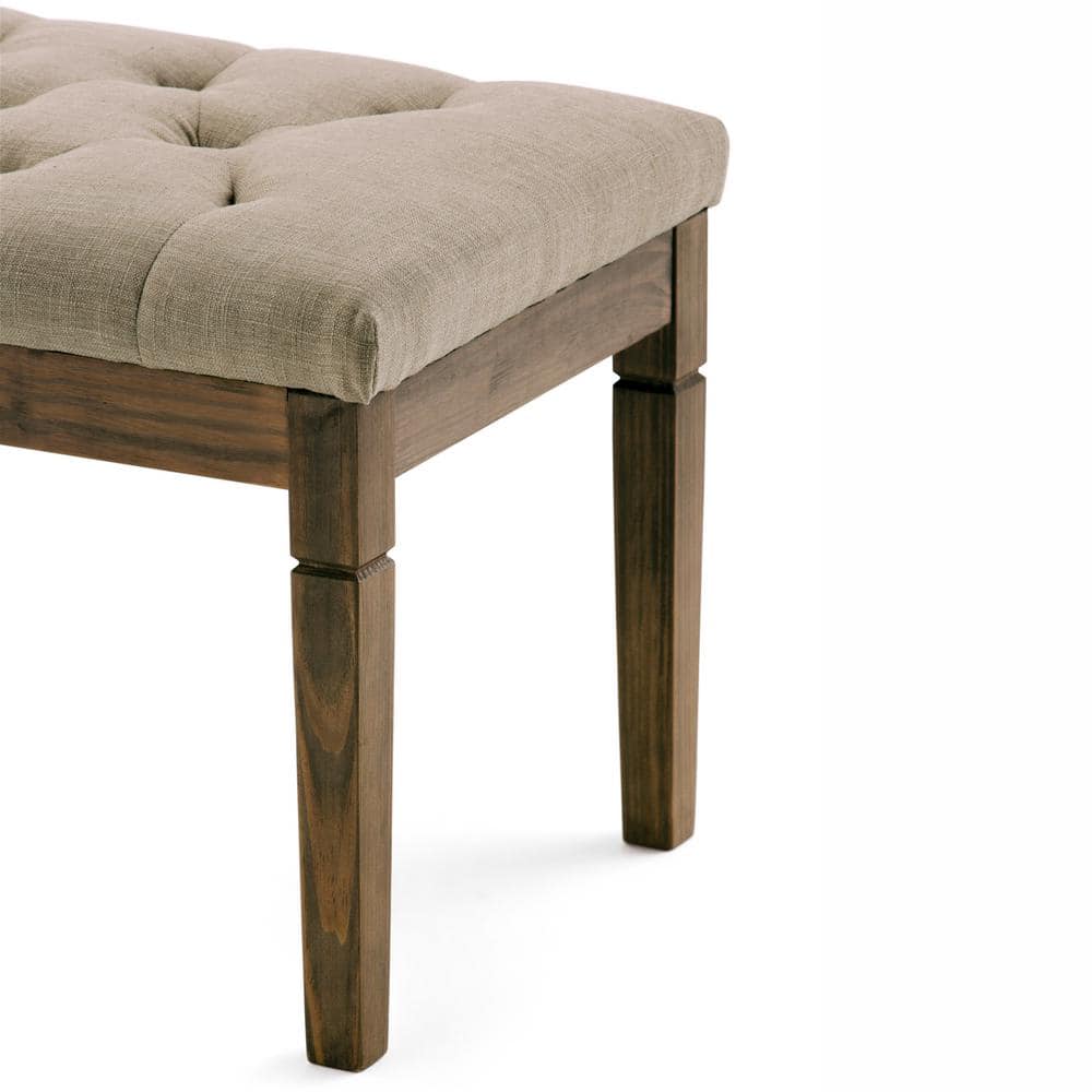 Elegant Natural Linen Tufted Pine Wood Rectangular Bench Ottoman