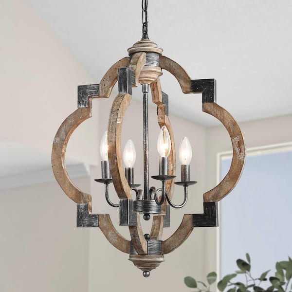 LNC Farmhouse 4-Light Black Wood Global Island Lantern Adjustable Rustic Transitional Cottage Candle Ceiling Pendant