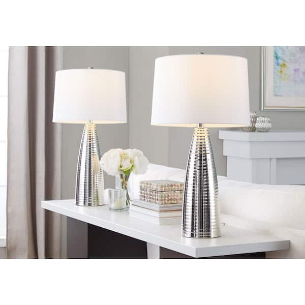 Maya 27.75 in. Polished Nickel Metal and White Linen Table Lamp (Set of 2)
