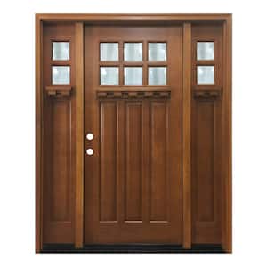 64 in. x 80 in. Craftsman Bungalow 6 Lite Right-Hand Inswing Wheat Stained Wood Prehung Front Door 12 in. Sidelites