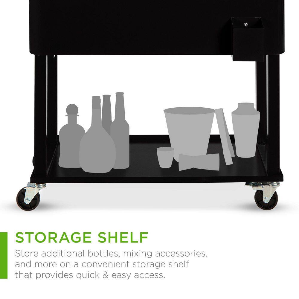 Black Steel Rolling Cooler Cart with Bottle Opener and Storage Shelf