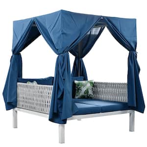 White Metal Outdoor Patio Sunbed Day Bed with Blue Curtains and Blue Cushions