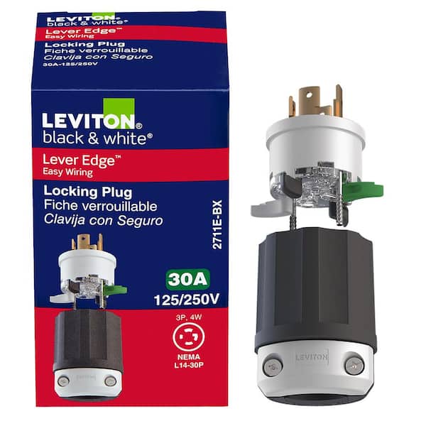 Black & White Lever Edge 30 Amp 125/250 Volt Locking Plug, NEMA L14-30P,  3P, 4W, Industrial Grade 2711E-BX