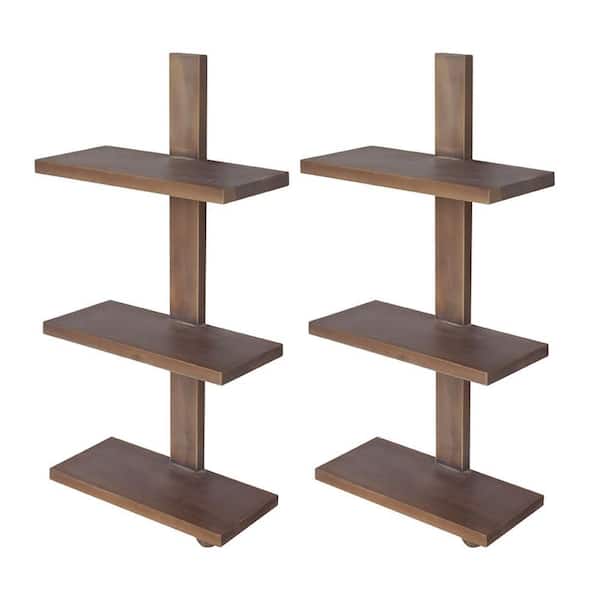 Benjara Firy 9.6 in. W x 36.8 in. D Natural Brown Waru Wood 3-Tier Hanging Decorative Wall Shelf (Set of 2)