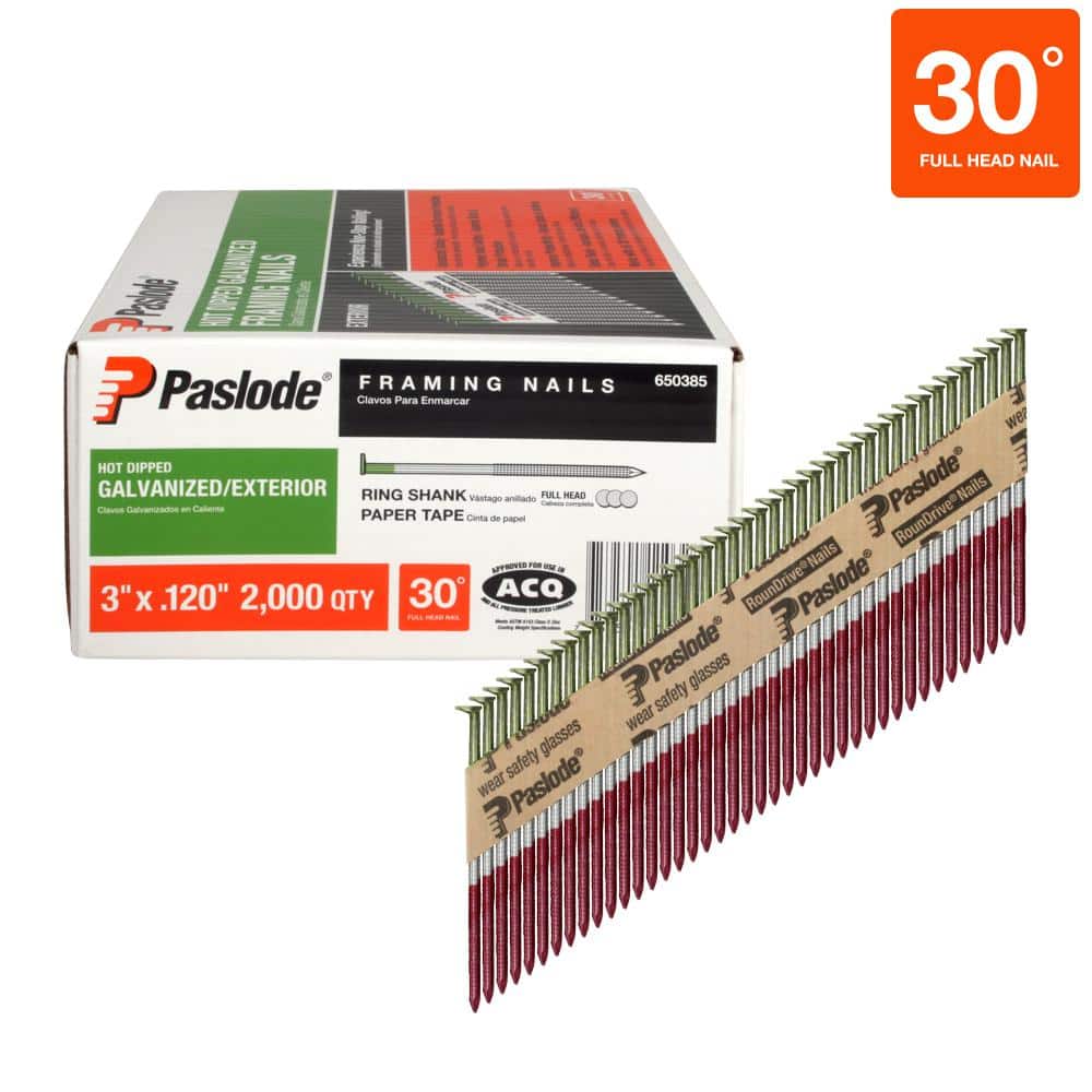 Paslode 3 in. x  30 -Degree Galvanized Ring Shank Paper Tape Framing  Nails (2000 per Box) 650385 - The Home Depot