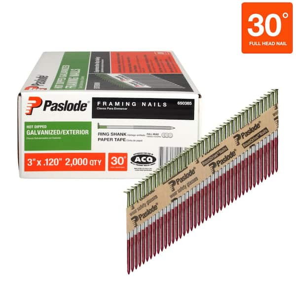 Paslode 3 in. x 0.120 Heavy-Duty 30 -Degree Galvanized Ring Shank Paper-Taped framing Nails with PMPlus Nailer (2000 per Box) 650385P