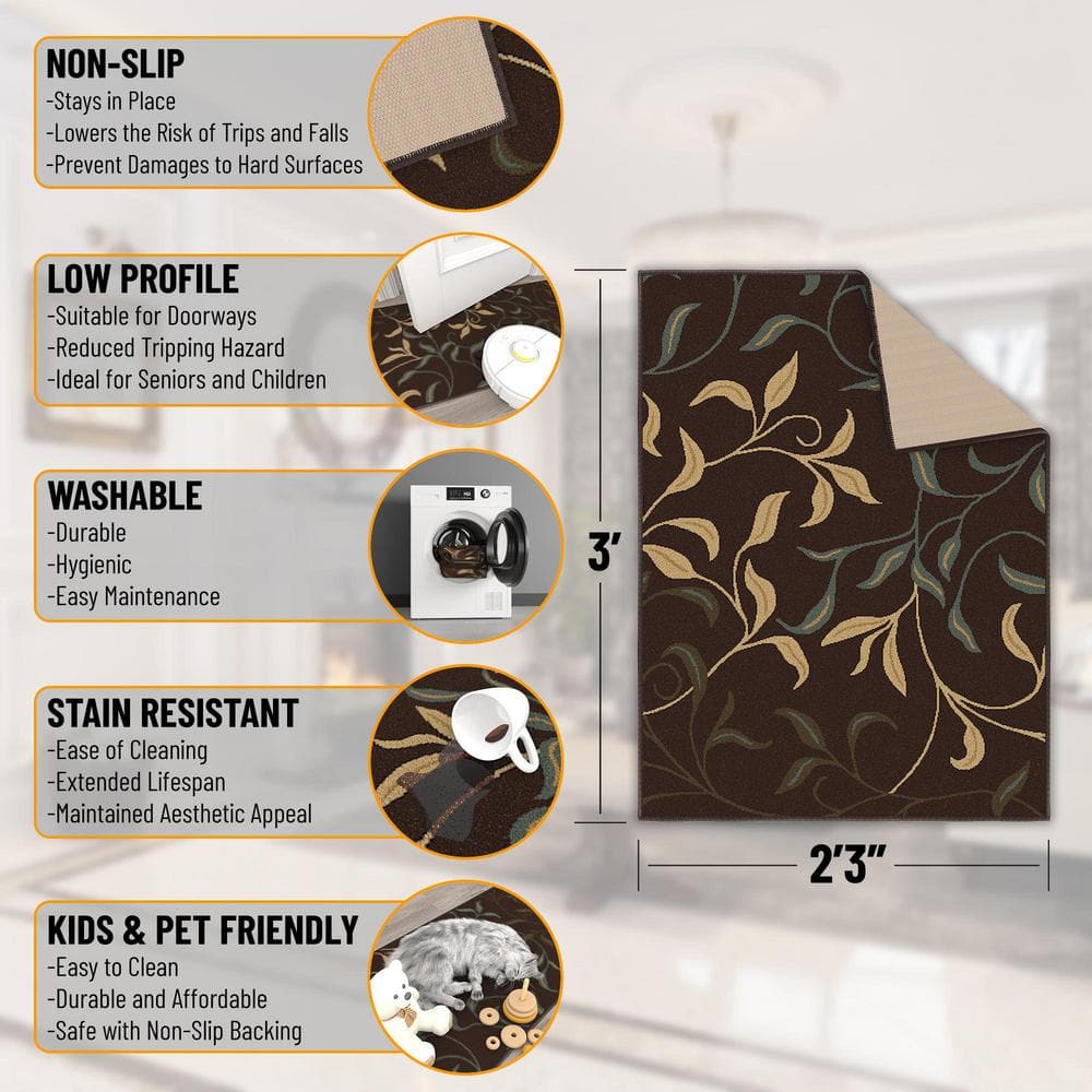 Brown Floral Leaves Non-Slip Washable Area Rug 2'3" x 3'