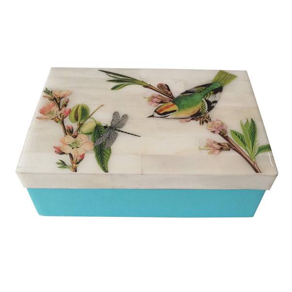 A & B Home Blue/Ivory Flora and Fauna Keepsake Box with Bone Inlay ...