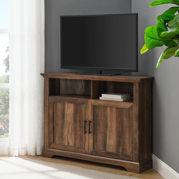 Welwick Designs 44 in. Reclaimed Barnwood Composite Corner TV Stand Fits TVs Up to 48 in. with Storage Doors