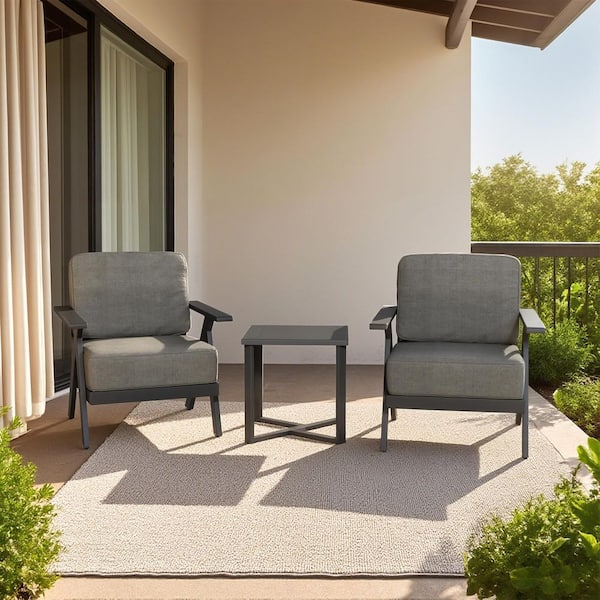 Black 3-Piece Metal Patio Conversation Set, Outdoor Lounge Chairs with Side Table and Grey Cushions
