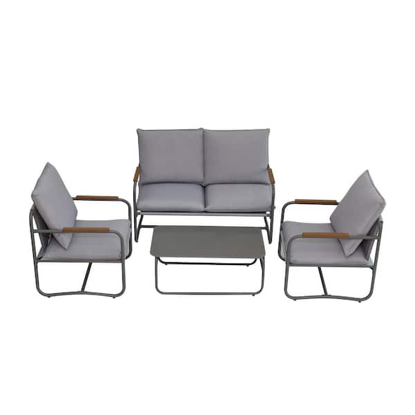 Unbranded 4-Piece Gray Aluminum Outdoor Patio Conversation Set with Gray Removable Seating Cushion Courtyard Patio Set