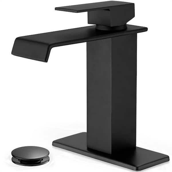 Single Handle Single Hole Waterfall Spout Deck Mount Bathroom Faucet with Drain Kit Included in Matte Black