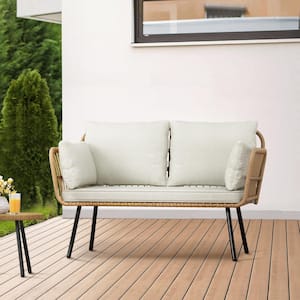 Charlottetown Wicker Outdoor Patio Furniture Loveseat with Beige Cushions