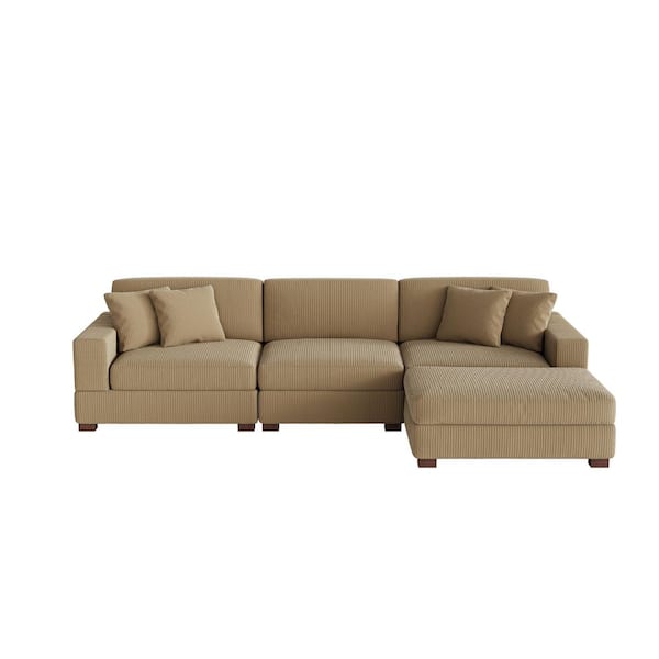 118 in. W Modern Square Arm 4-Piece Corduroy Fabric L-Shaped Sectional Sofa in Camel