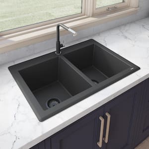 33 in. Double Bowl Dualmount Granite Composite Kitchen Sink in Midnight Black