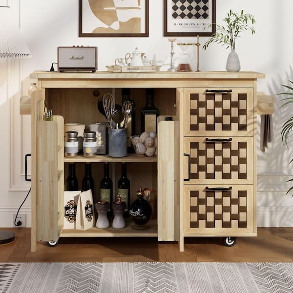 Vintage Natural Drop Leaf Wood Top 53.2 in. Kitchen Island Cart with Power Outlet, Storage Rack, Adjustable Shelf