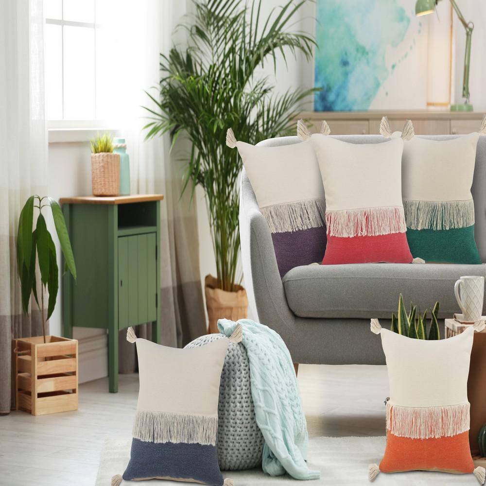 Denim Blue and Off-White Cotton Color Block Square Throw Pillow, 20" x 20"