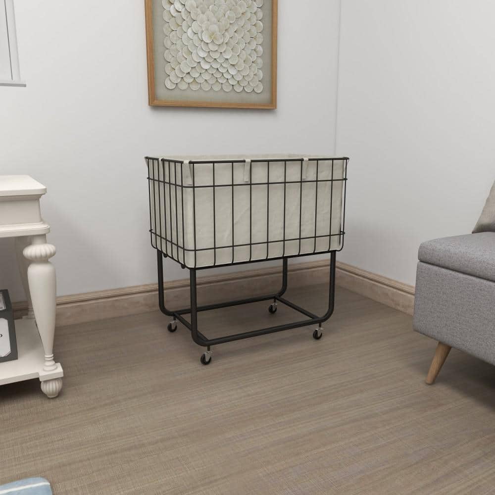 Black Metal Wire Basket Storage Cart with Wheels and Fabric Lining