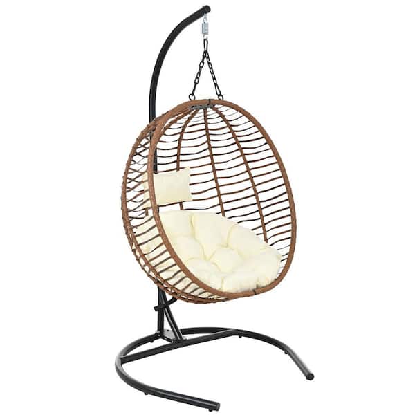 6.5 ft. Black Metal 330lbs. Capacity Freestanding Hammock with Beige Cushion, Removable Headrest & Brown Wicker Backrest
