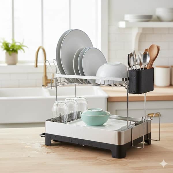Black 2 Tier Stainless Steel Extra Large Multifunctional Dish Drying Rack with Extendable Drain Spout Dish Rack