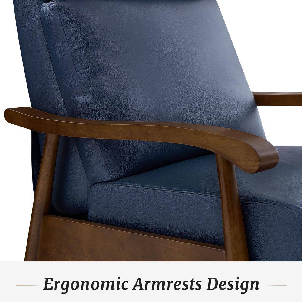 Close-up of the ergonomic wooden armrest of the navy blue recliner.