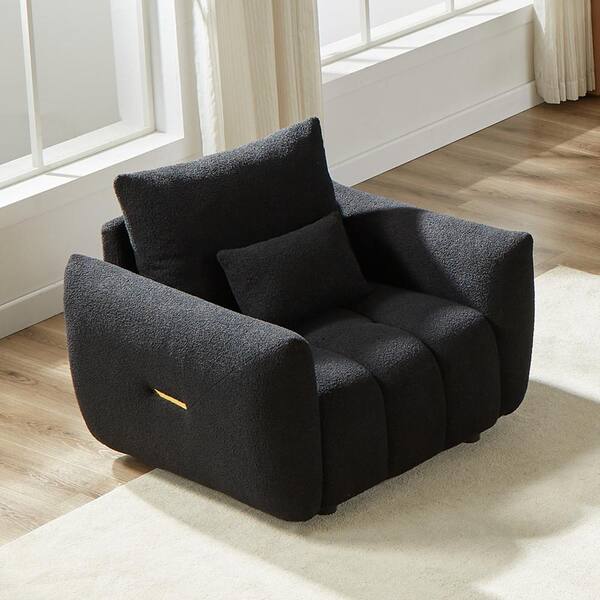 Modern Wood Outdoor Lounge Chair Teddy Fabric Sofa with Black Cushions for Apartment Office Living Room Bedroom