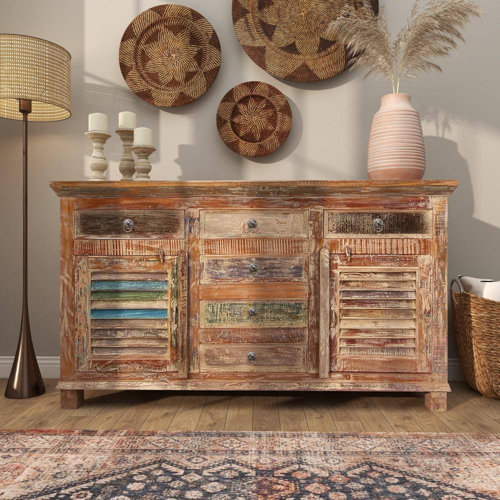 Litton Lane 60 in. W Dark Brown Reclaimed Wood 6 Drawers 1 Shelf and 2 Doors Cabinet 29426 The Home Depot