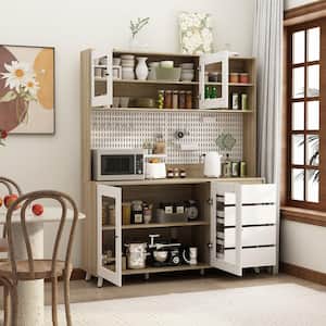 White Wood 63 in. W Buffet Kitchen Cabinet With Hutch Pantry Cabinet with Plug Board, Wine Rack, Drawers, Hooks
