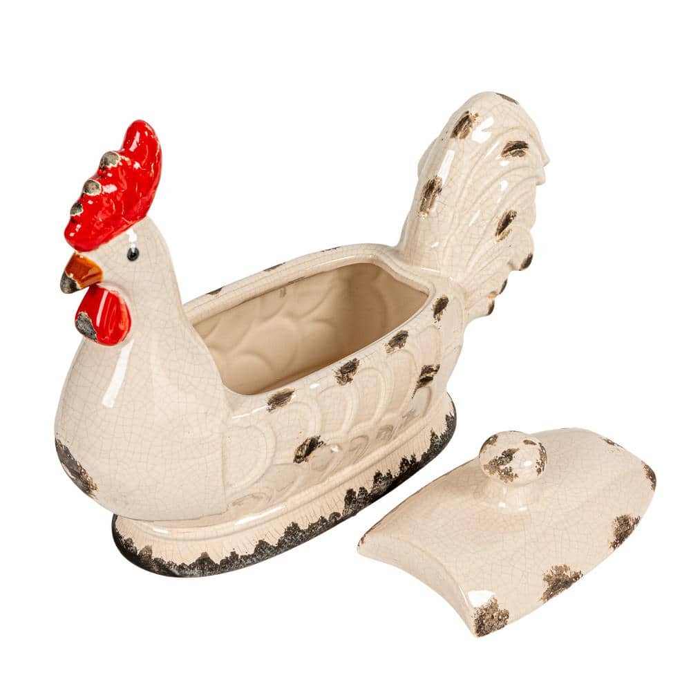 Rustic White Stoneware Rooster Container with Lid