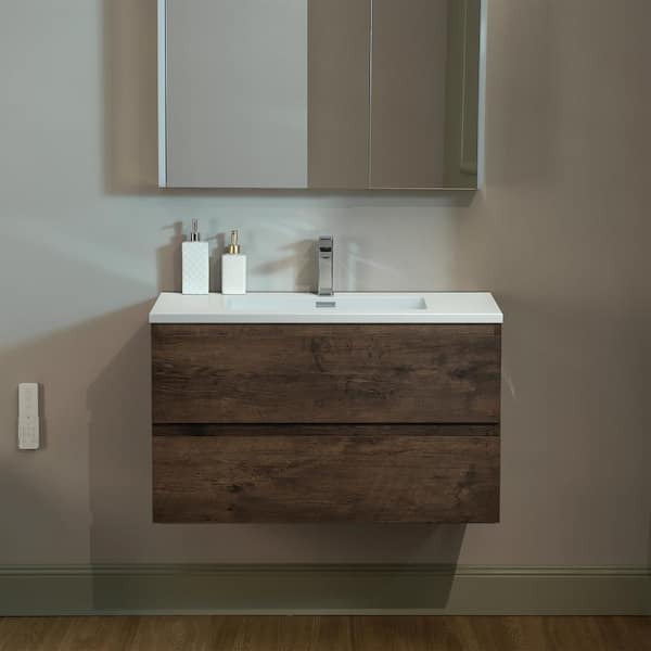 WOODBRIDGE NJ 35.4 in. W x 19 in. D x 20.63 in. H Single Sink Floating Bath Vanity in Rose Wood with White Resin Top