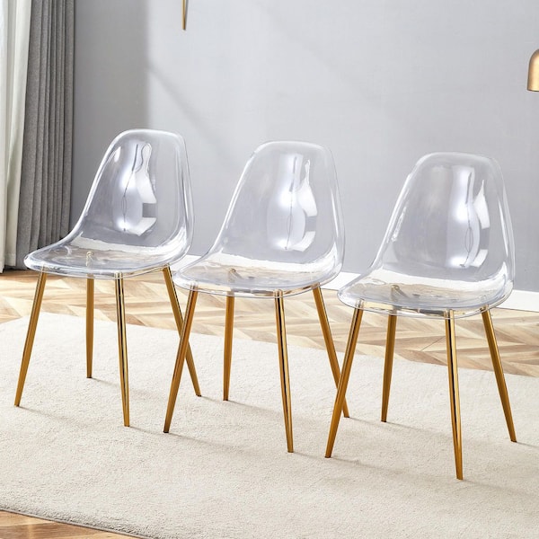 3-Pack Stylish ergonomic Metal Plastic Dining Chairs with Transparent Seat Cushion for Indoor and Outdoor, Gold