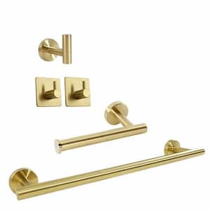 5-Piece Bath Hardware Set with Toilet Paper Holder, 3-Pack Towel Hooks and 16 in. Towel Bar in Brushed Gold
