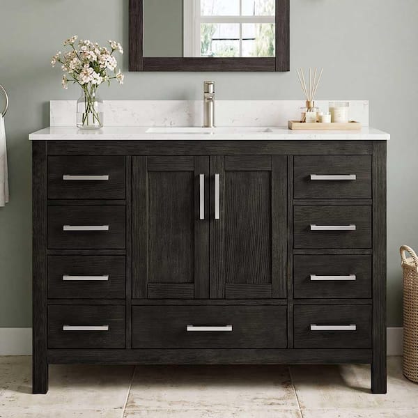 Aeterna 48 in. W Single Sink Freestanding Bath Vanity in Black Desert Oak with White Carrara Cultured Marble Top
