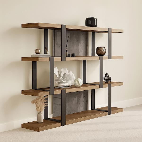 Cid Brow 58.25 in. Tall Brown and Black Walnut Wood and Metal 4-Shelf Accent Bookcase with Glass Back