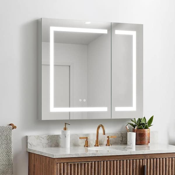 Eoviamne 36 in. W x 30 in. H Rectangular Aluminum LED Light Medicine Cabinet with Mirror, Fog Free, Dimmable, Outlet