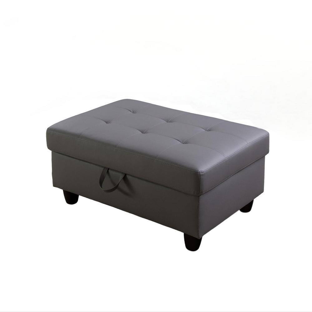 35" Dark Gray Faux Leather Storage Ottoman with Solid Wood Frame